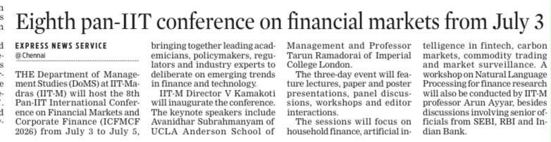 “Eighth pan-IIT conference on financial markets from July 3”